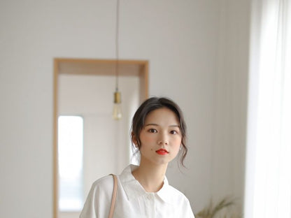 Elbow-Length Collared Button Blouse