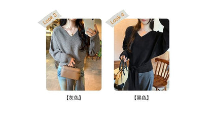 Tie-Waist V-Neck Sweater