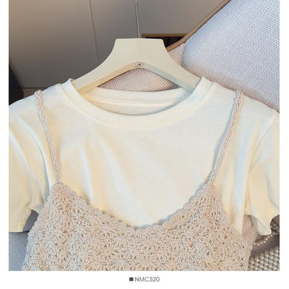 Crew Neck Tee & Spaghetti Strap Knit Camisole Set