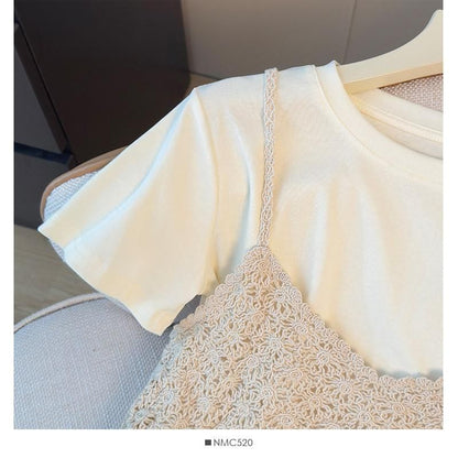 Crew Neck Tee & Spaghetti Strap Knit Camisole Set