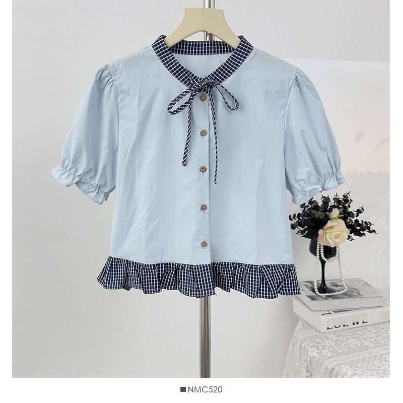 Band Collar Plaid Ruffle Trim Blouse
