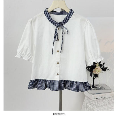 Band Collar Plaid Ruffle Trim Blouse