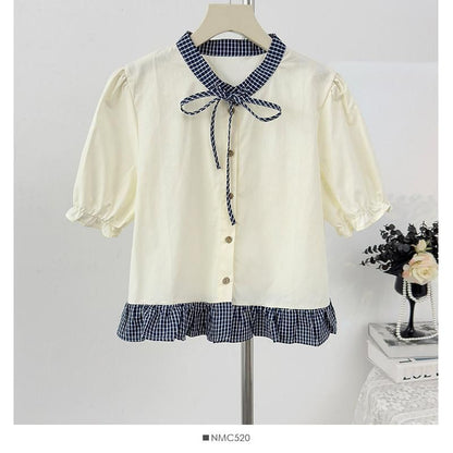 Band Collar Plaid Ruffle Trim Blouse