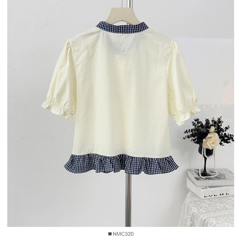 Band Collar Plaid Ruffle Trim Blouse