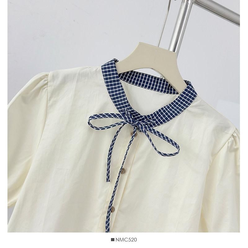 Band Collar Plaid Ruffle Trim Blouse