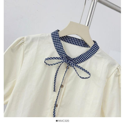 Band Collar Plaid Ruffle Trim Blouse