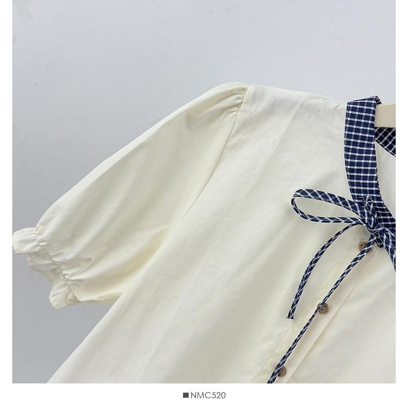 Band Collar Plaid Ruffle Trim Blouse