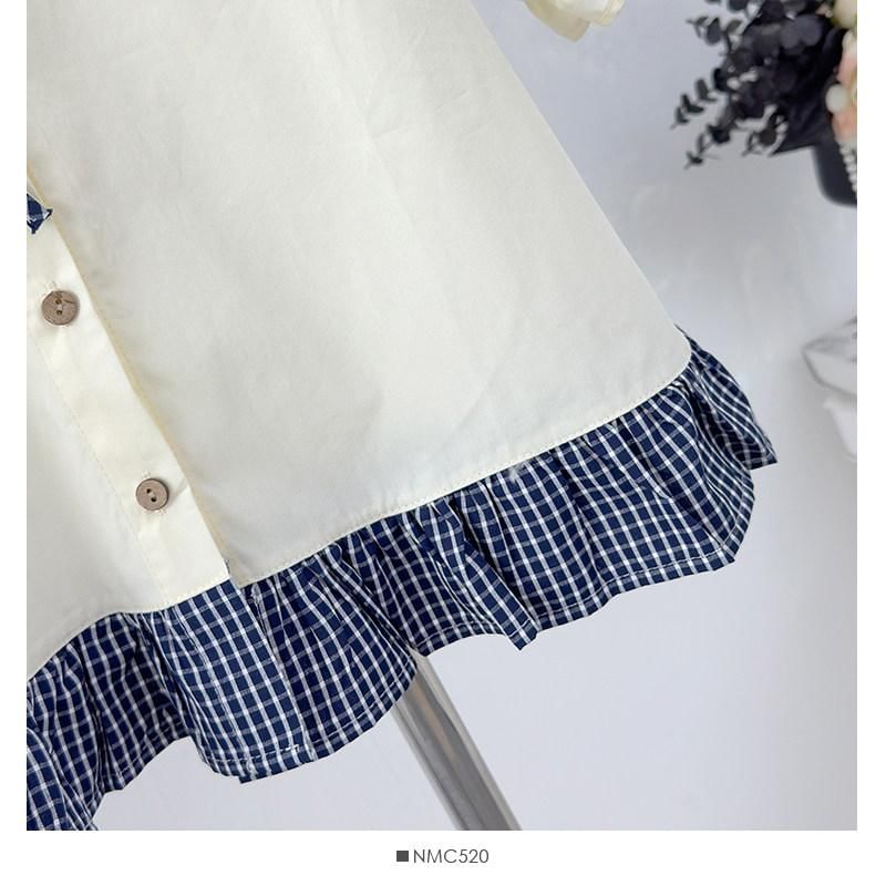 Band Collar Plaid Ruffle Trim Blouse