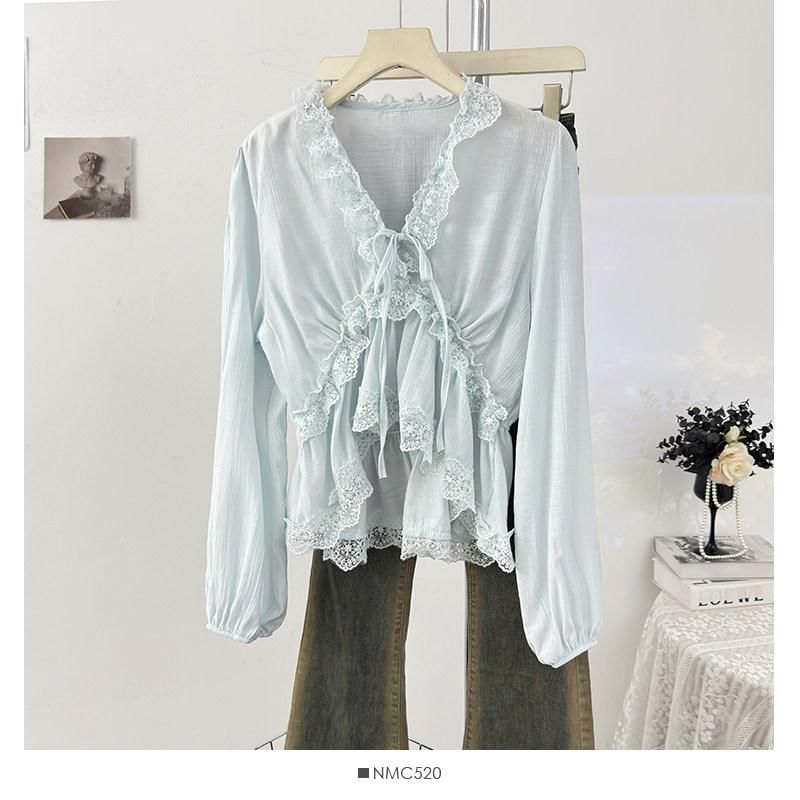 V-Neck Lace Ruffle Long-Sleeve Blouse