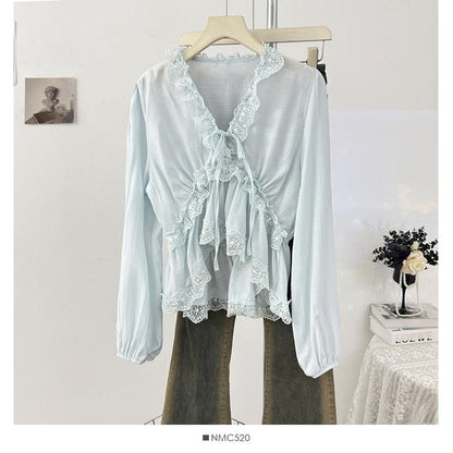 V-Neck Lace Ruffle Long-Sleeve Blouse