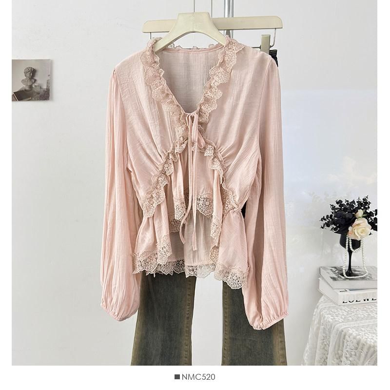 V-Neck Lace Ruffle Long-Sleeve Blouse