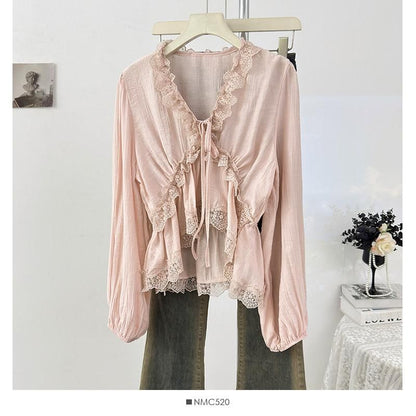 V-Neck Lace Ruffle Long-Sleeve Blouse