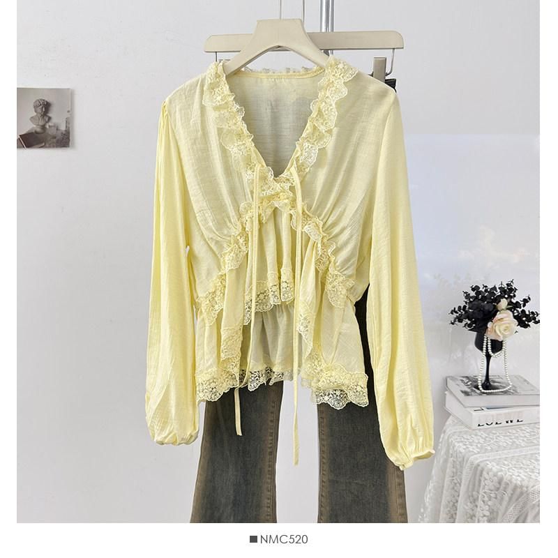 V-Neck Lace Ruffle Long-Sleeve Blouse