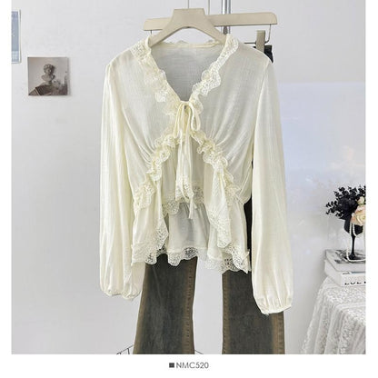 V-Neck Lace Ruffle Long-Sleeve Blouse