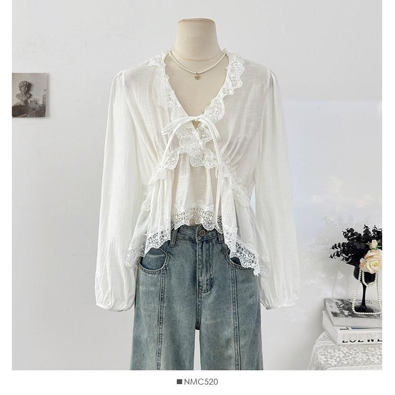 V-Neck Lace Ruffle Long-Sleeve Blouse