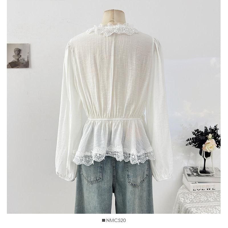 V-Neck Lace Ruffle Long-Sleeve Blouse