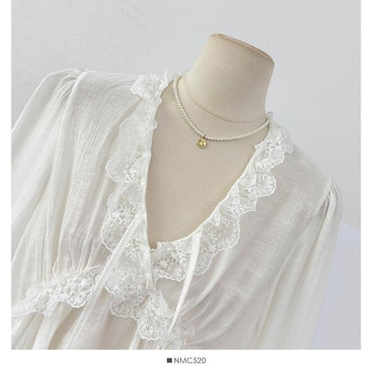 V-Neck Lace Ruffle Long-Sleeve Blouse