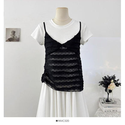 Ruffle-Trimmed V-Neck Camisole & Short-Sleeve Tee Set