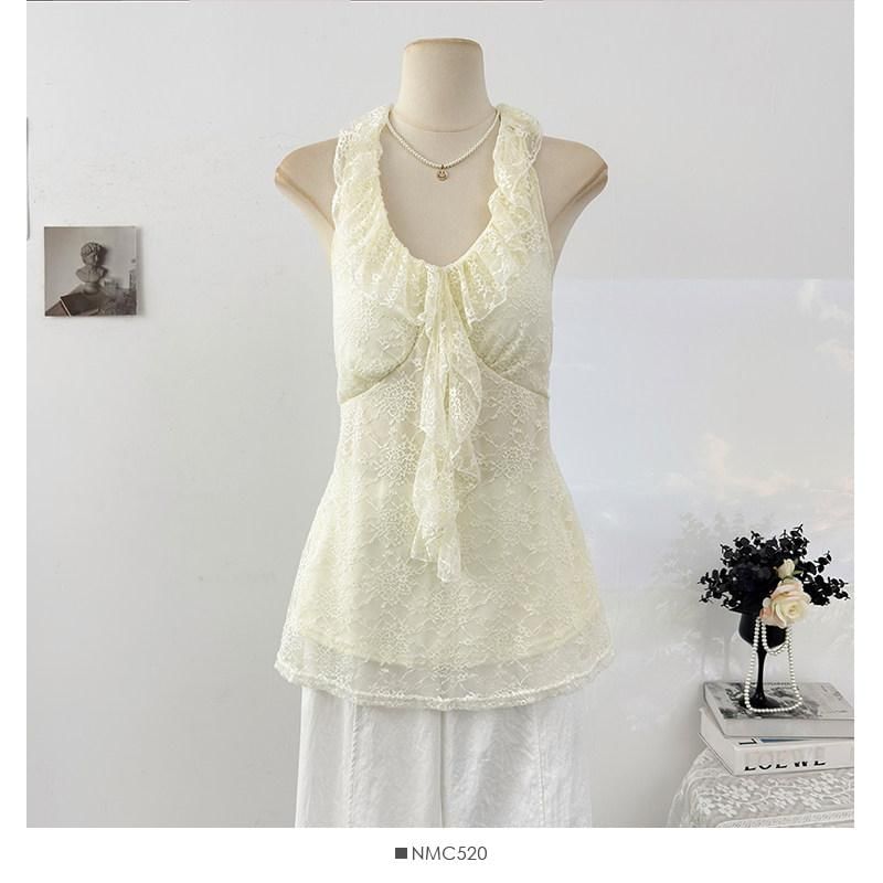 Halter V-Neck Lace Ruffle Camisole