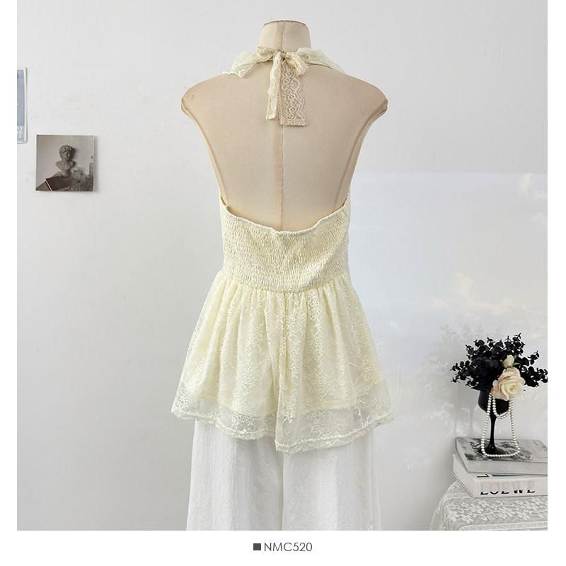 Halter V-Neck Lace Ruffle Camisole