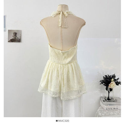 Halter V-Neck Lace Ruffle Camisole
