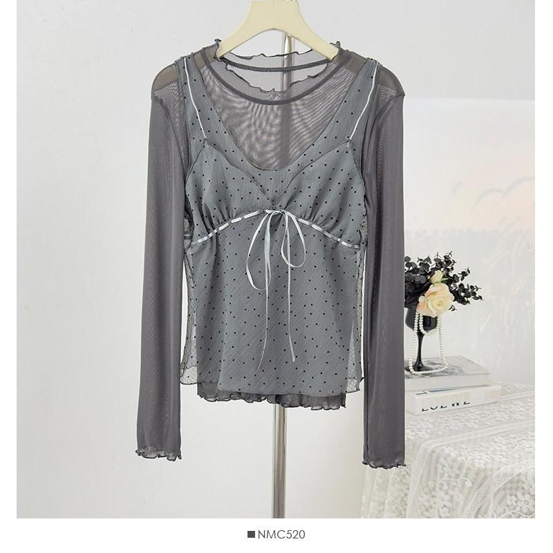 Crew Neck Ruffle Trim Top & Dotted Sheer Camisole Set