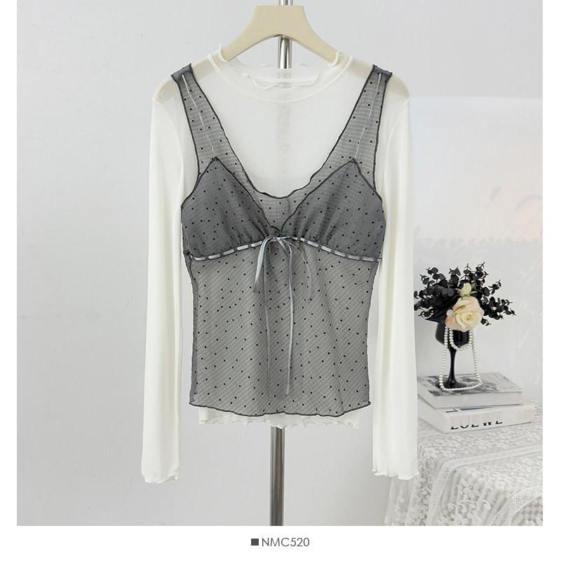 Crew Neck Ruffle Trim Top & Dotted Sheer Camisole Set