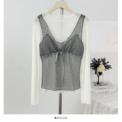 Crew Neck Ruffle Trim Top & Dotted Sheer Camisole Set