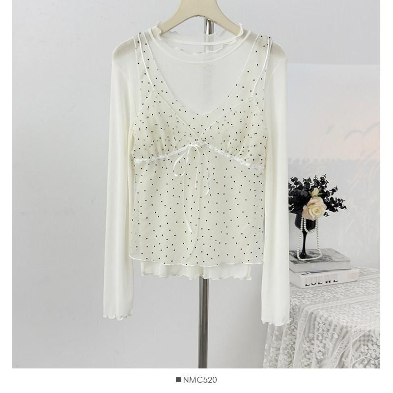 Crew Neck Ruffle Trim Top & Dotted Sheer Camisole Set