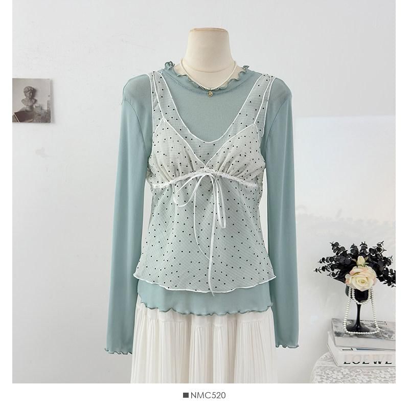 Crew Neck Ruffle Trim Top & Dotted Sheer Camisole Set