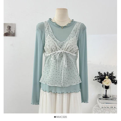 Crew Neck Ruffle Trim Top & Dotted Sheer Camisole Set