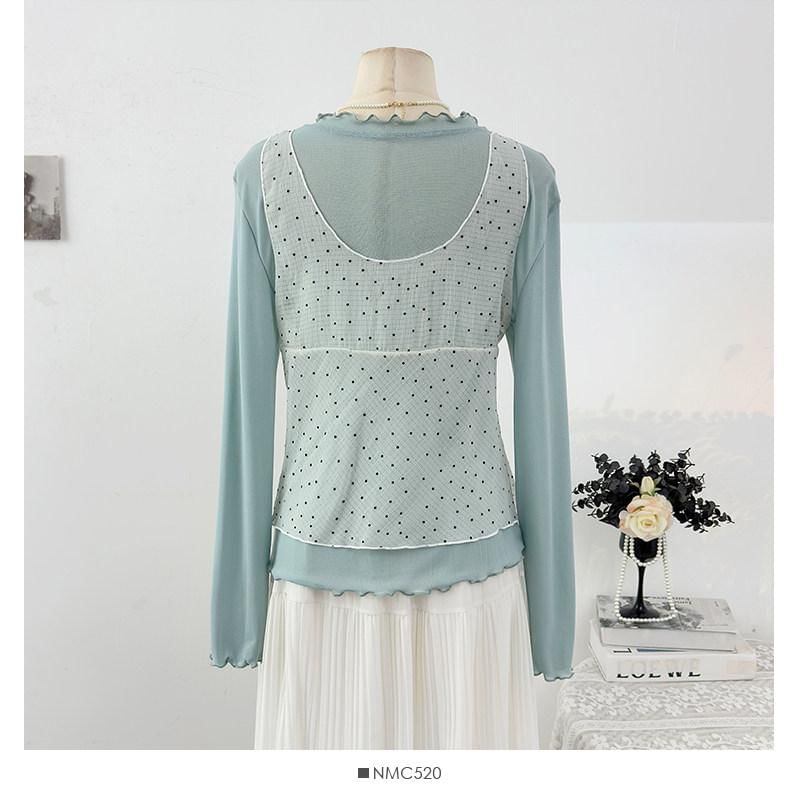 Crew Neck Ruffle Trim Top & Dotted Sheer Camisole Set