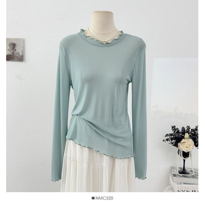 Crew Neck Ruffle Trim Top & Dotted Sheer Camisole Set