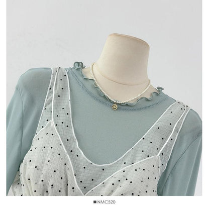 Crew Neck Ruffle Trim Top & Dotted Sheer Camisole Set