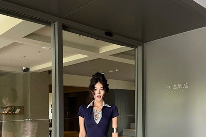 Short-Sleeve Plain Lace Panel Crop Polo Shirt