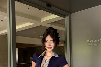 Short-Sleeve Plain Lace Panel Crop Polo Shirt