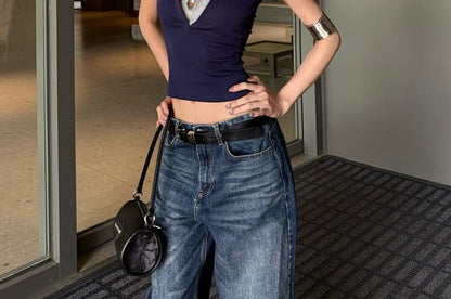 Short-Sleeve Plain Lace Panel Crop Polo Shirt