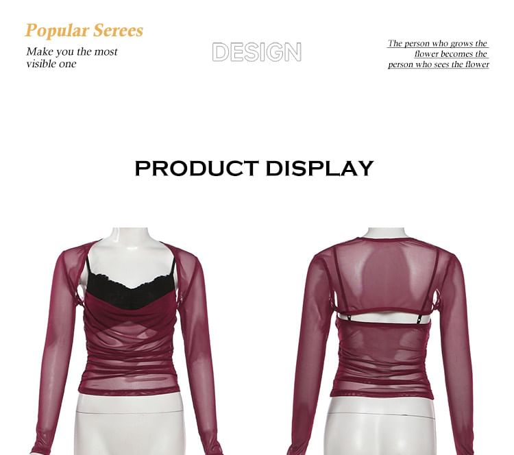 Ruched Panel Mesh Camisole, Long-Sleeve Shrug & Asymmetrical Ruffle Skirt