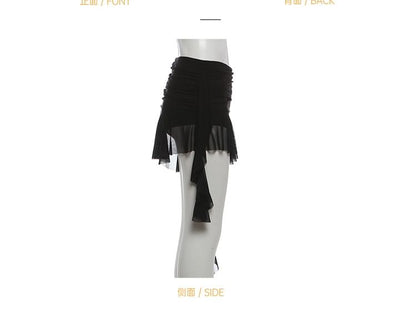 Ruched Panel Mesh Camisole, Long-Sleeve Shrug & Asymmetrical Ruffle Skirt