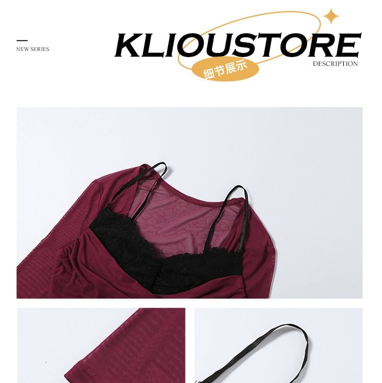 Ruched Panel Mesh Camisole, Long-Sleeve Shrug & Asymmetrical Ruffle Skirt
