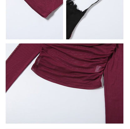 Ruched Panel Mesh Camisole, Long-Sleeve Shrug & Asymmetrical Ruffle Skirt