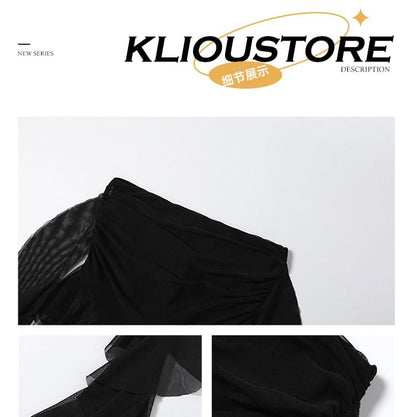 Ruched Panel Mesh Camisole, Long-Sleeve Shrug & Asymmetrical Ruffle Skirt