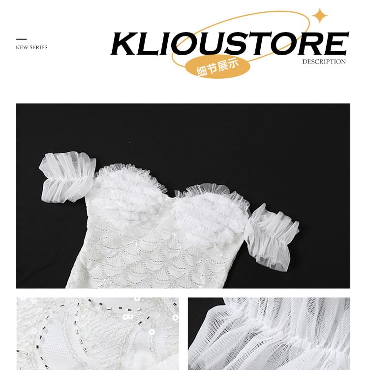Strapless Beaded Lace Top & Ruffle Mesh Mini Skirt Set