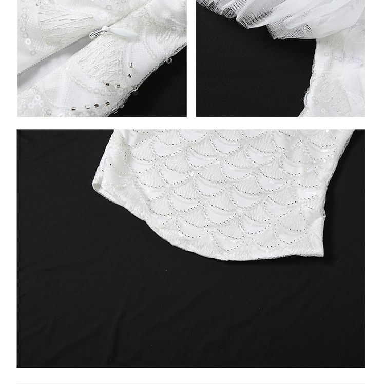 Strapless Beaded Lace Top & Ruffle Mesh Mini Skirt Set