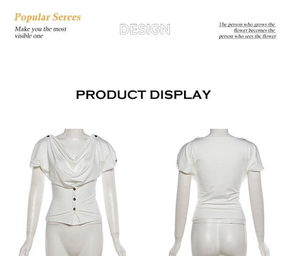 Cowl-Neck Short-Sleeve Button Top