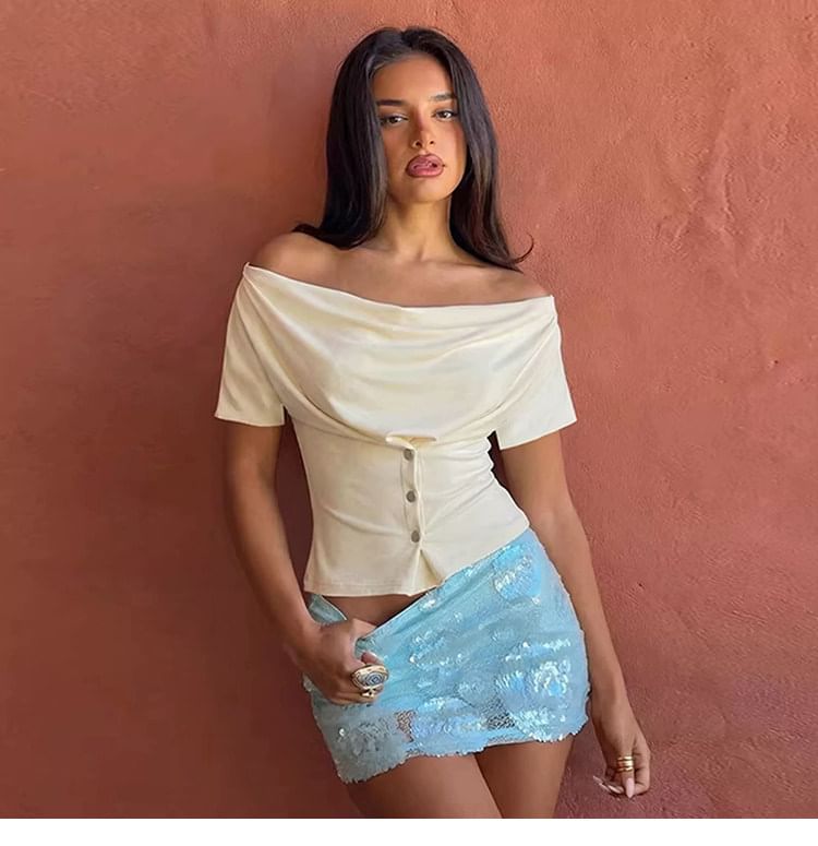 Cowl-Neck Short-Sleeve Button Top