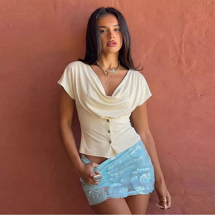Cowl-Neck Short-Sleeve Button Top