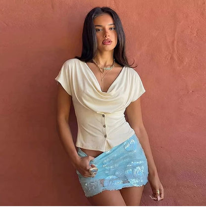 Cowl-Neck Short-Sleeve Button Top
