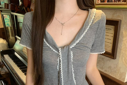 Short-Sleeve V-Neck Tie Neck Lace Trim T-Shirt