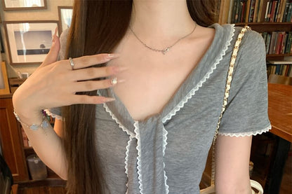 Short-Sleeve V-Neck Tie Neck Lace Trim T-Shirt